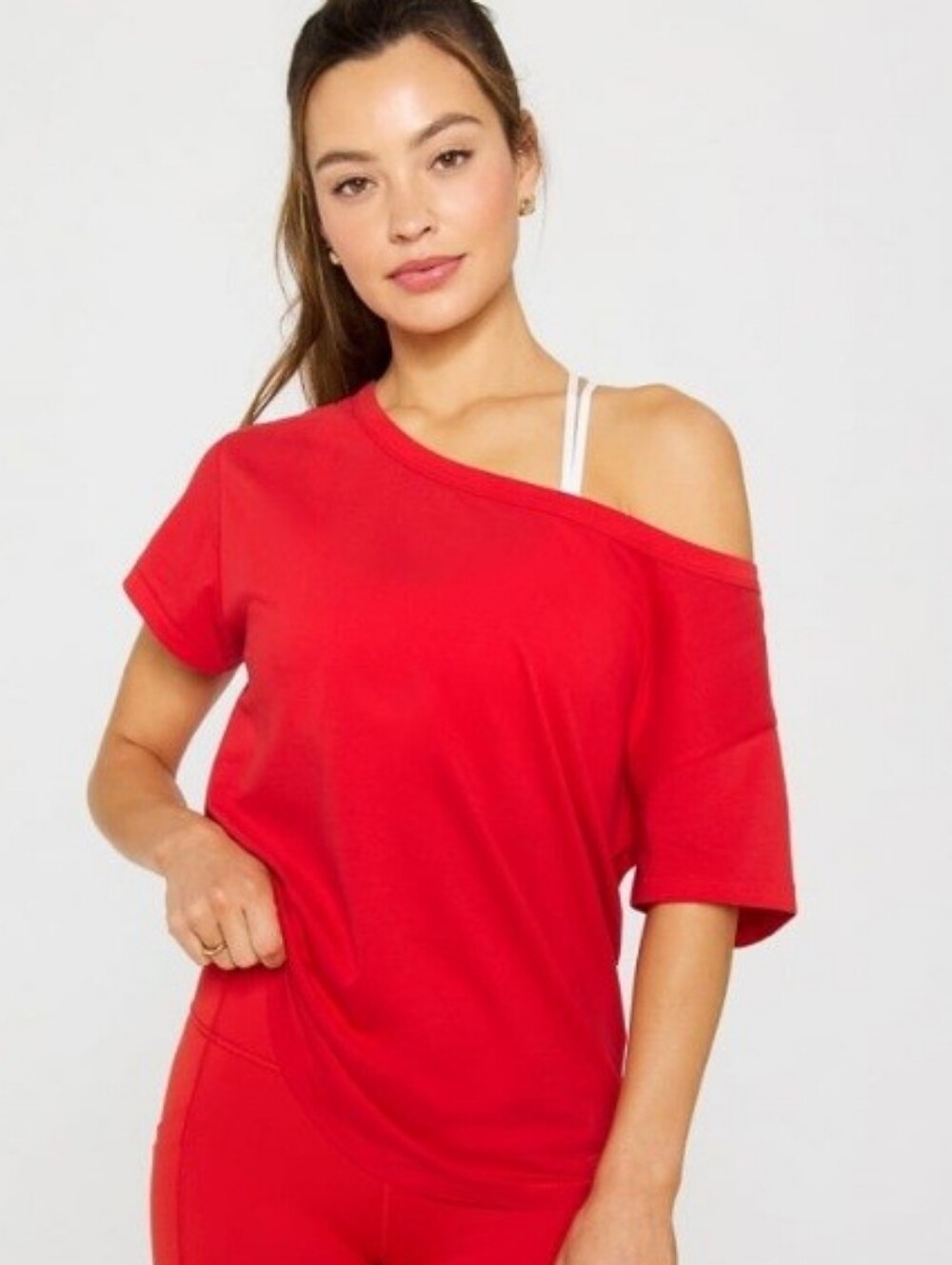 Fabletics Red Oversized Over The Shoulder Short Sleeve Top